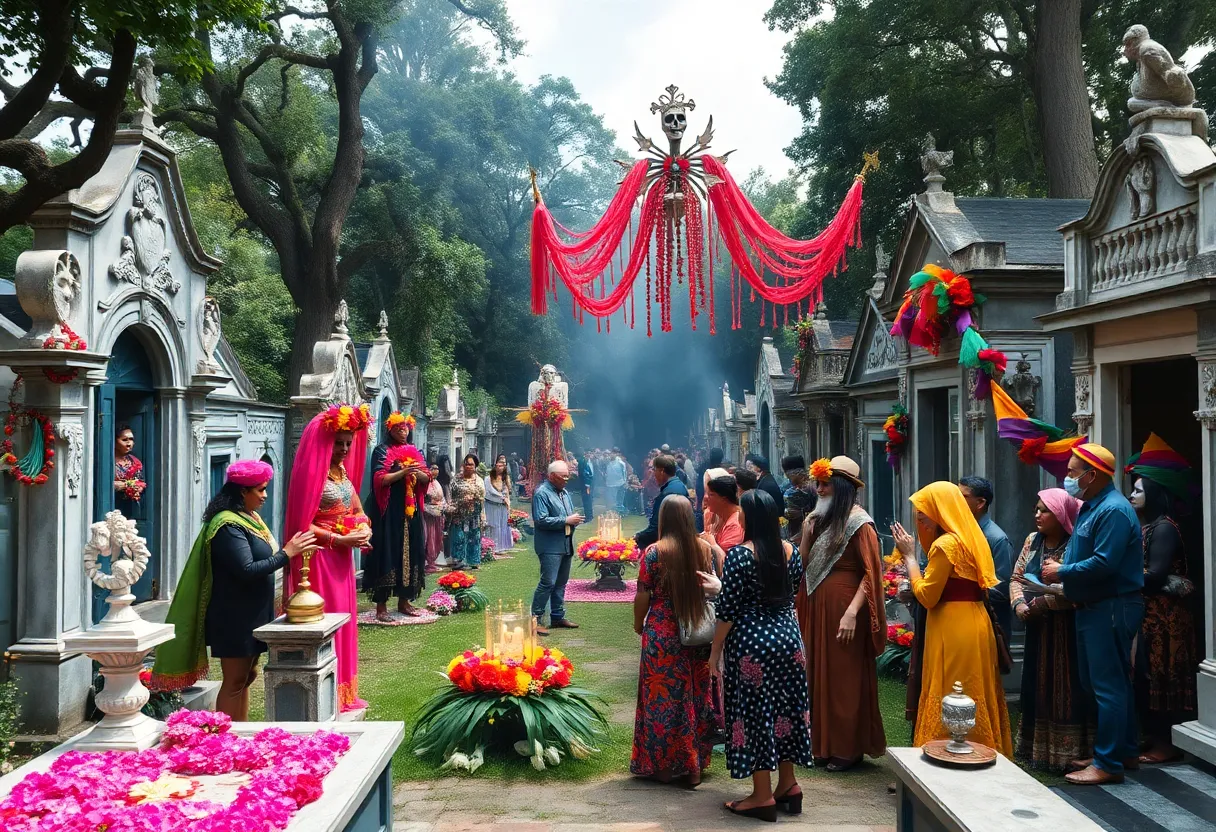 Crowd celebrating Marie Laveau's birthday in a cemetery