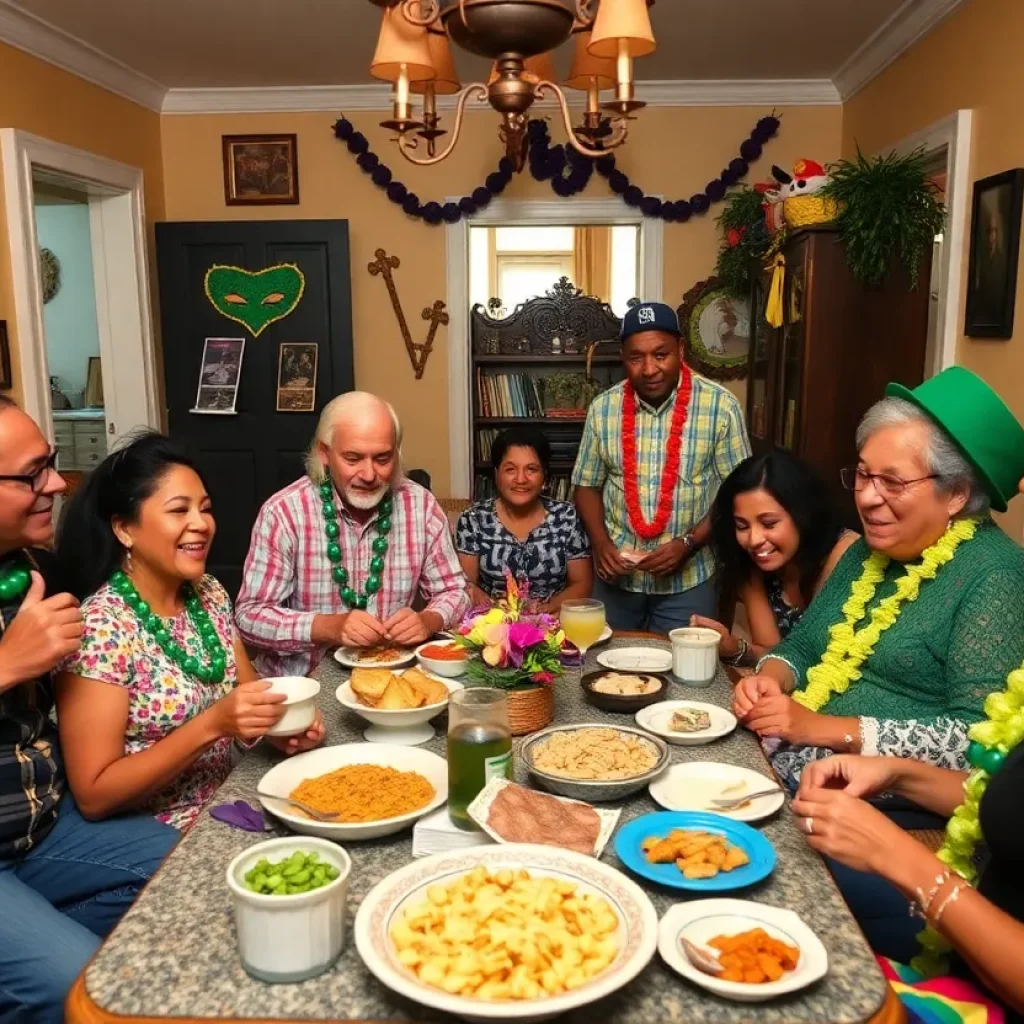 A festive family gathering during Mardi Gras in New Orleans