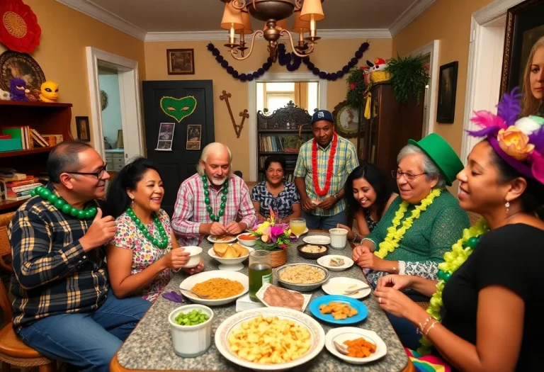 A festive family gathering during Mardi Gras in New Orleans