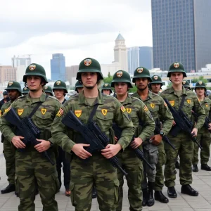 National Guard troops assembled in New Orleans city environment