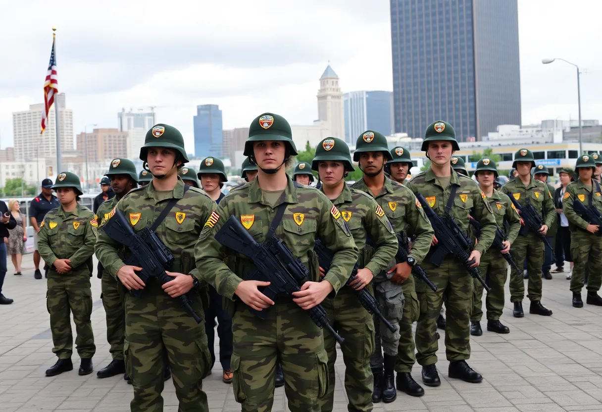 National Guard troops assembled in New Orleans city environment
