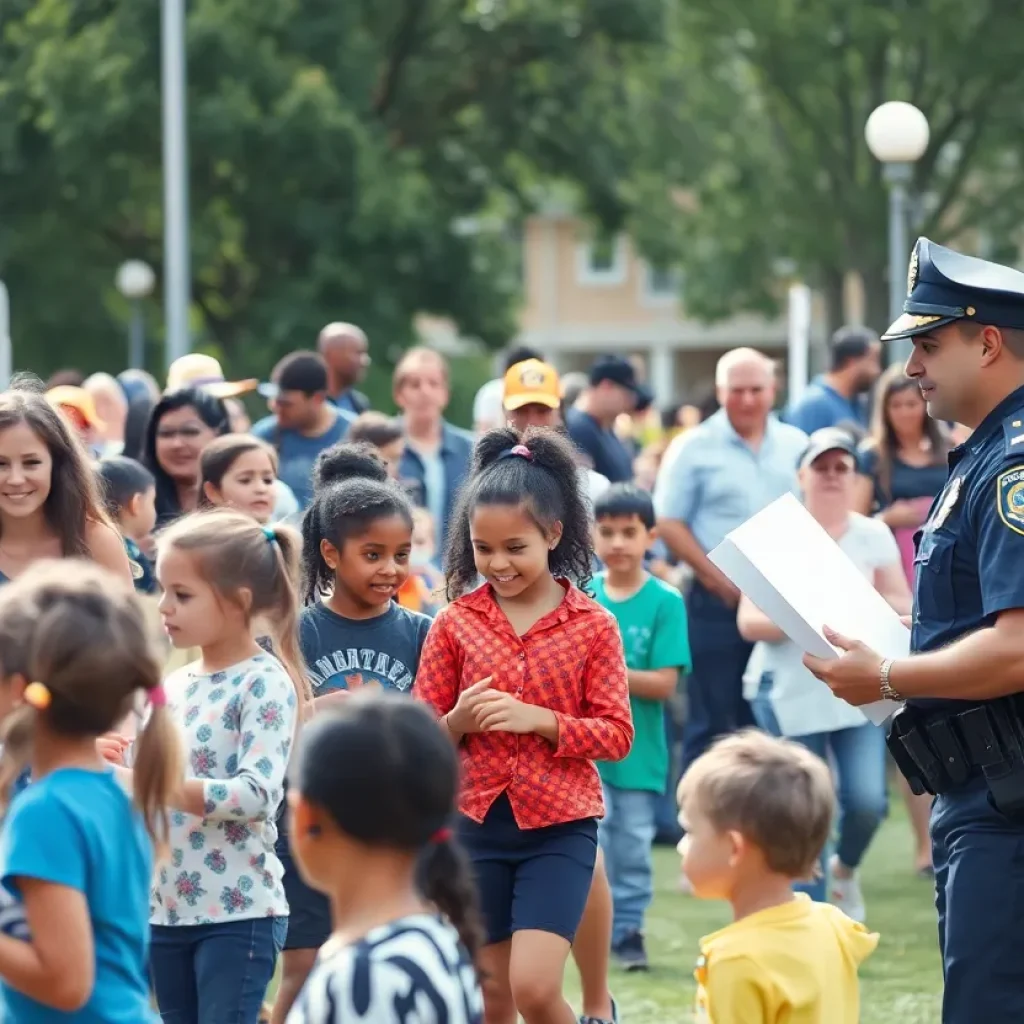 Families and police officers enjoying National Night Out Against Crime event.