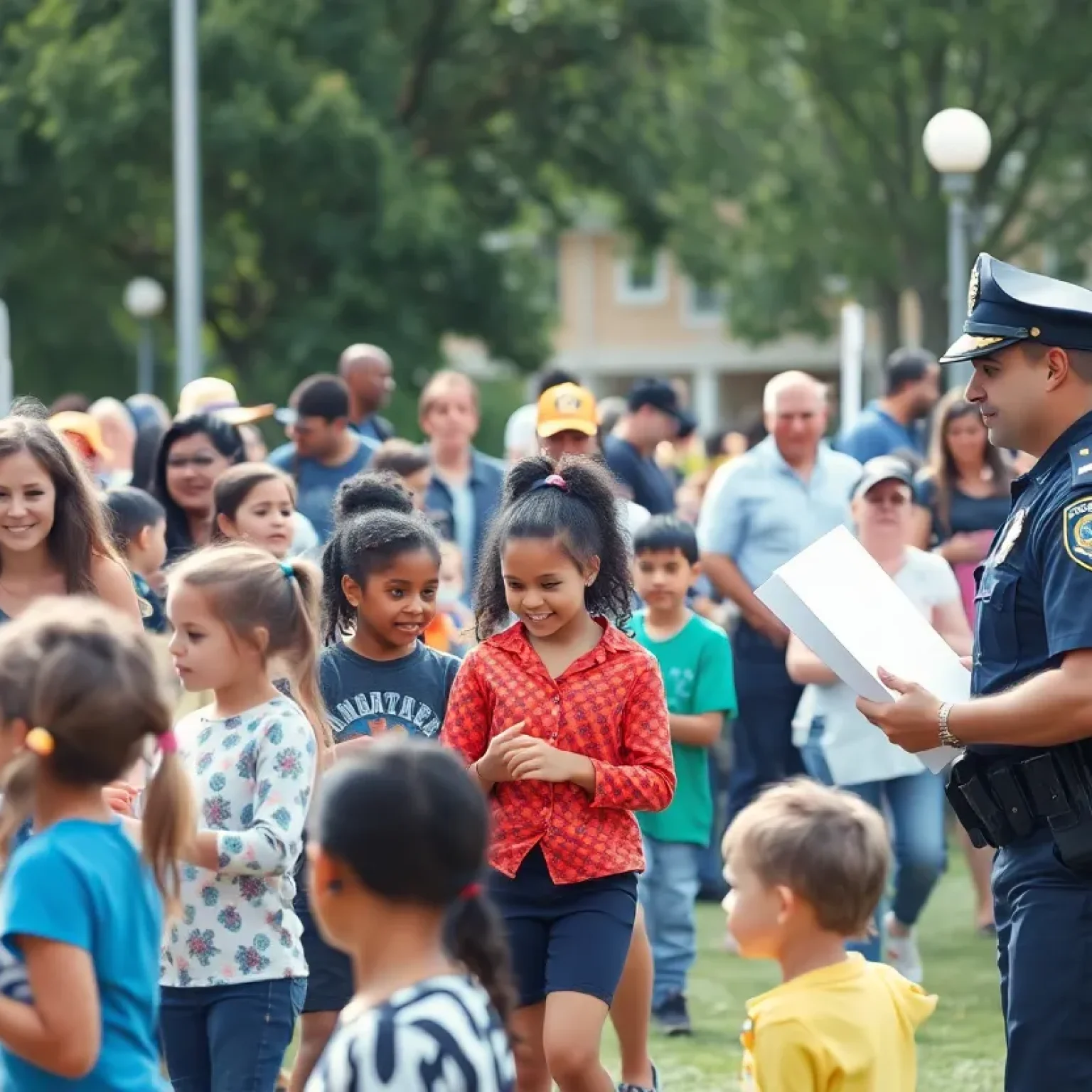 Families and police officers enjoying National Night Out Against Crime event.