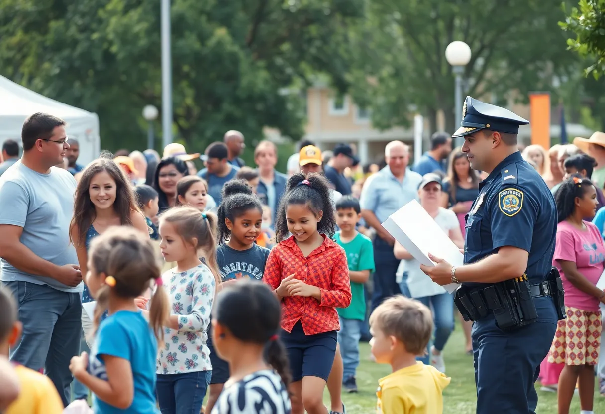 Families and police officers enjoying National Night Out Against Crime event.