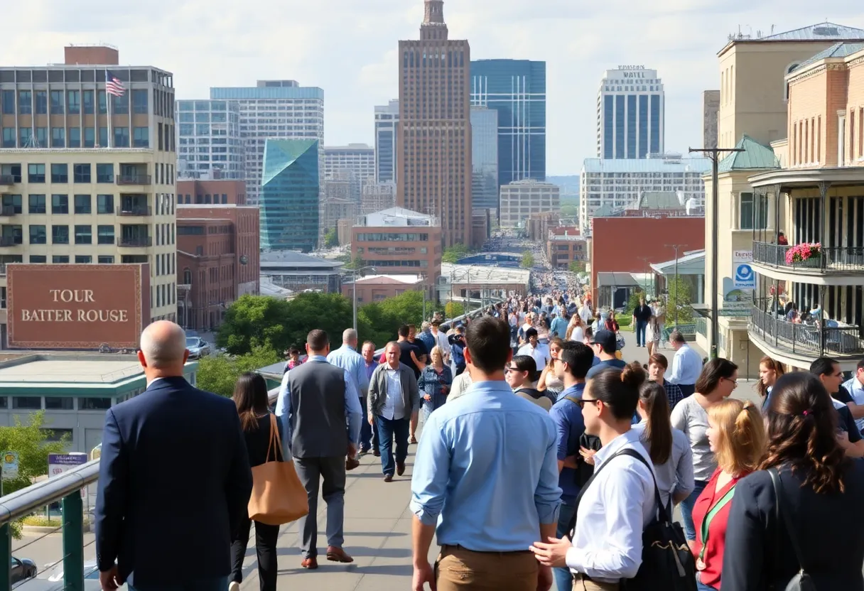 Cityscape of Baton Rouge and New Orleans with professionals collaborating