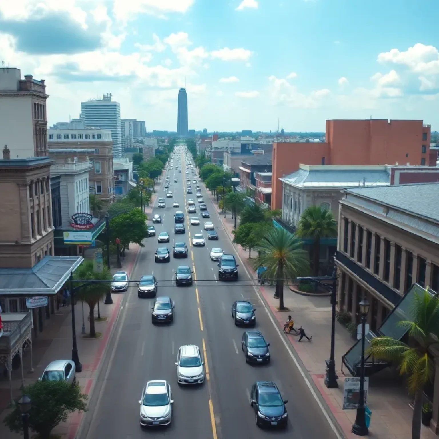 Aerial view of busy streets in New Orleans.