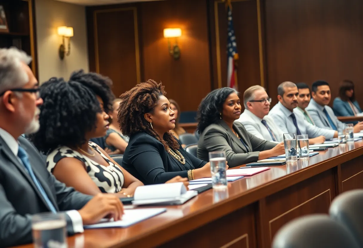 A diverse New Orleans City Council meeting in session.