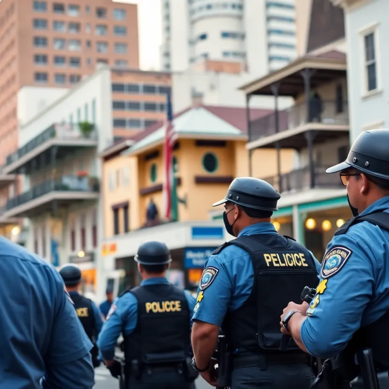 Vibrant cityscape of New Orleans with law enforcement backdrop