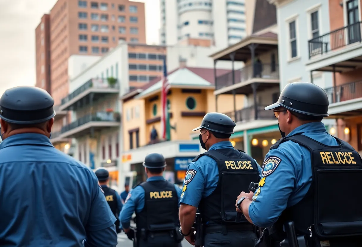 Vibrant cityscape of New Orleans with law enforcement backdrop