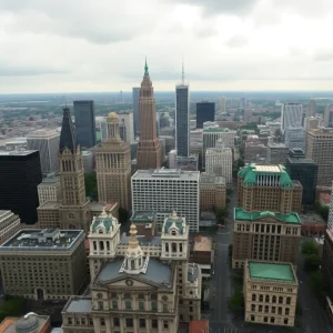 Aerial view of the cityscape of New Orleans, displaying various landmarks and financial institutions.