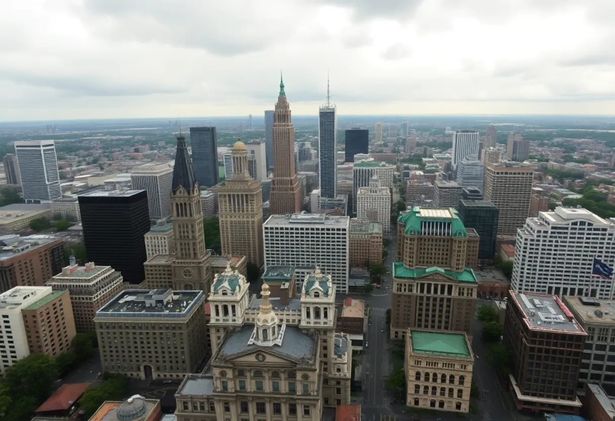 Aerial view of the cityscape of New Orleans, displaying various landmarks and financial institutions.