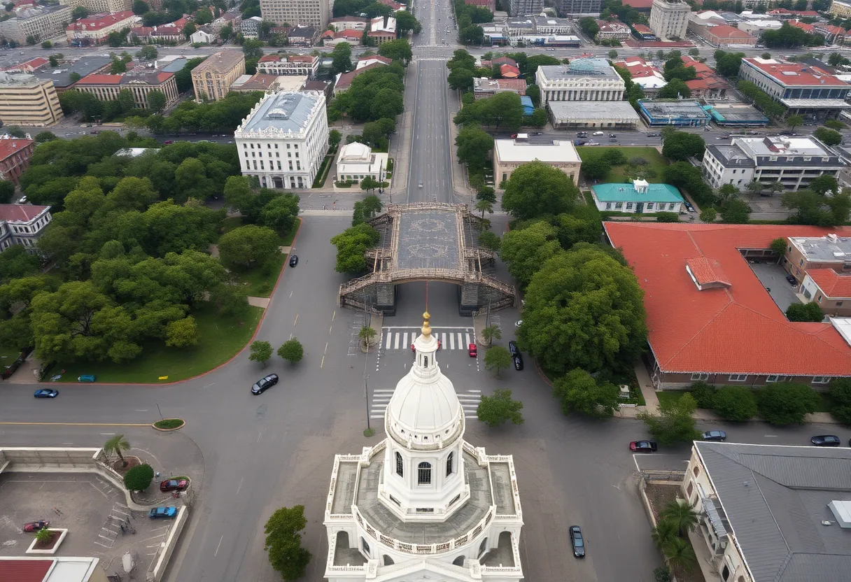 Aerial view of New Orleans with signs of economic disruption due to government shutdown.