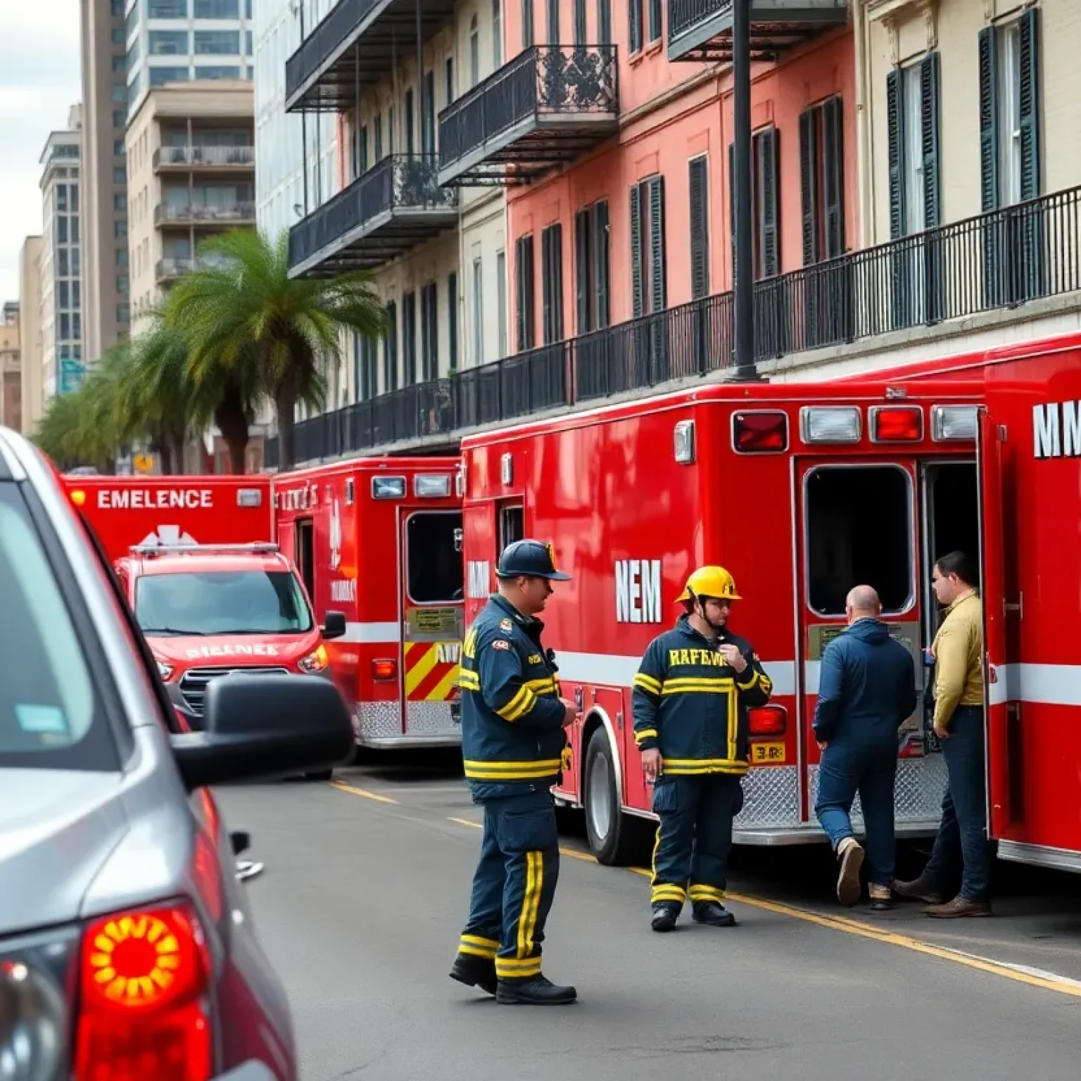 New Orleans EMS vehicles and firefighters in a city setting