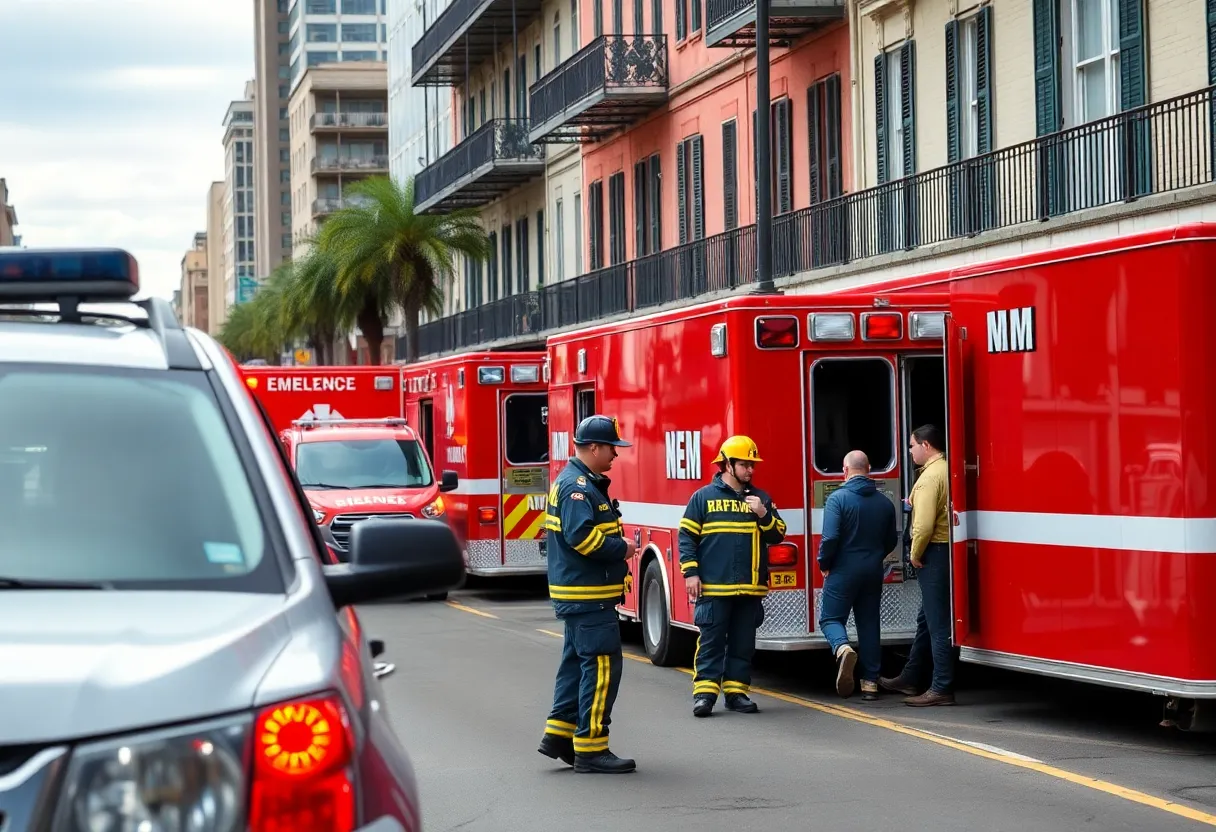 New Orleans EMS vehicles and firefighters in a city setting