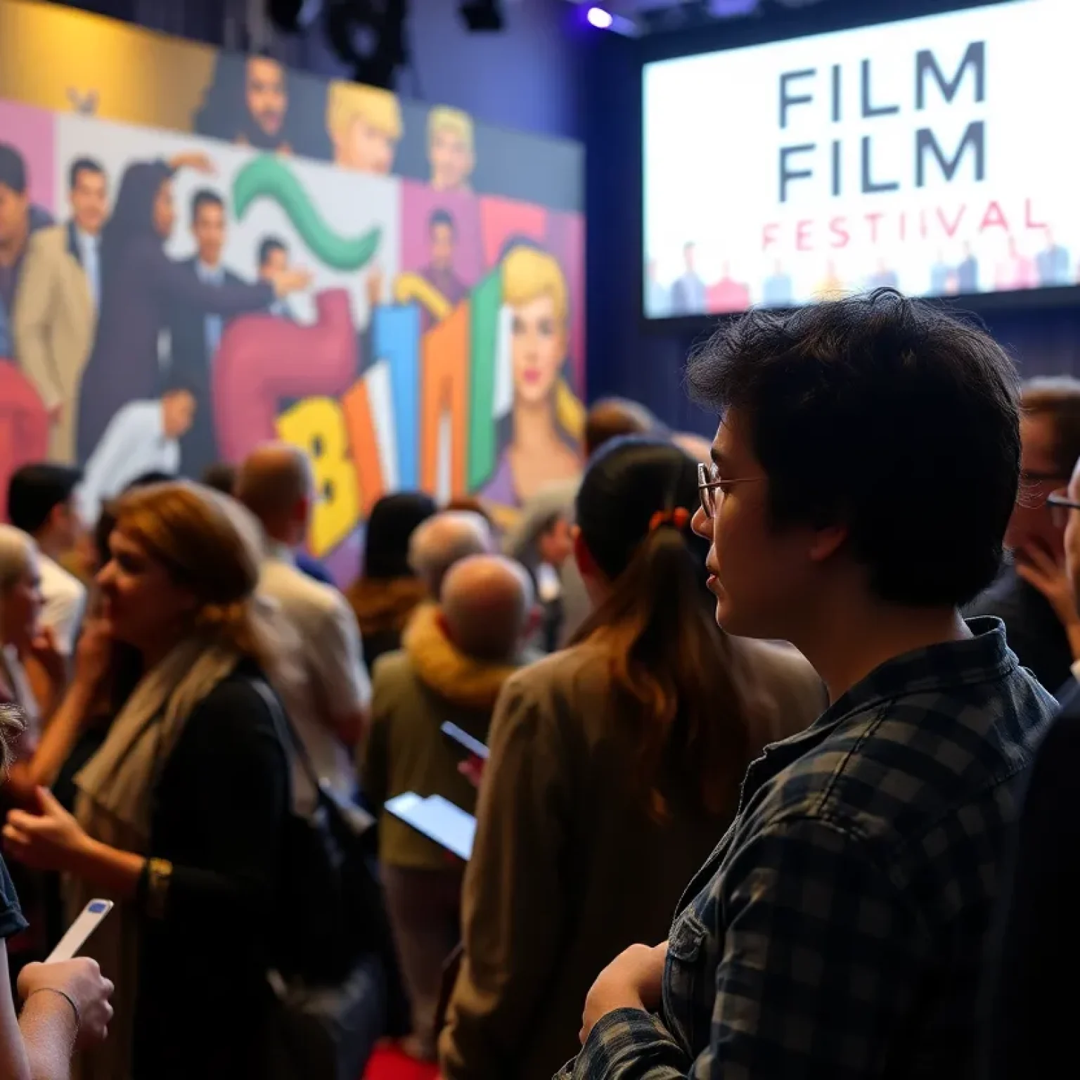 Spectators enjoying the New Orleans Film Festival with screens showcasing various films.