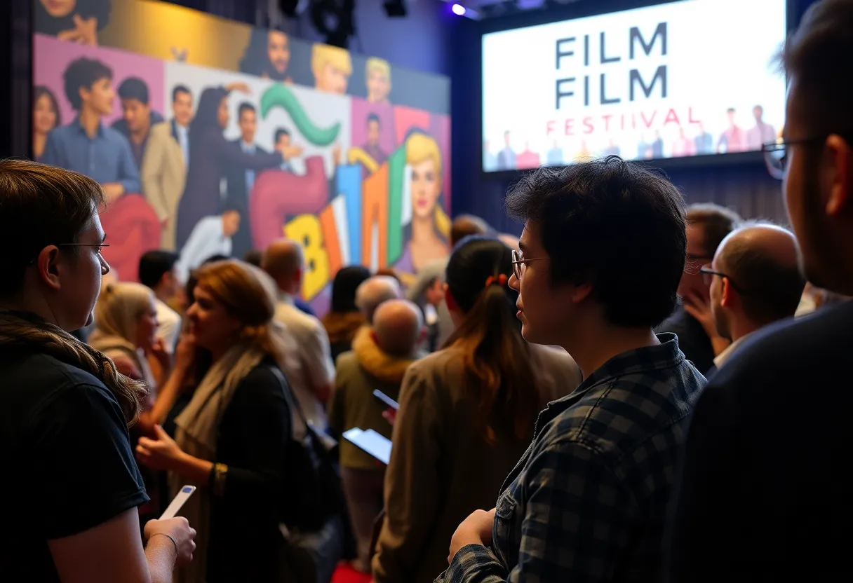 Spectators enjoying the New Orleans Film Festival with screens showcasing various films.