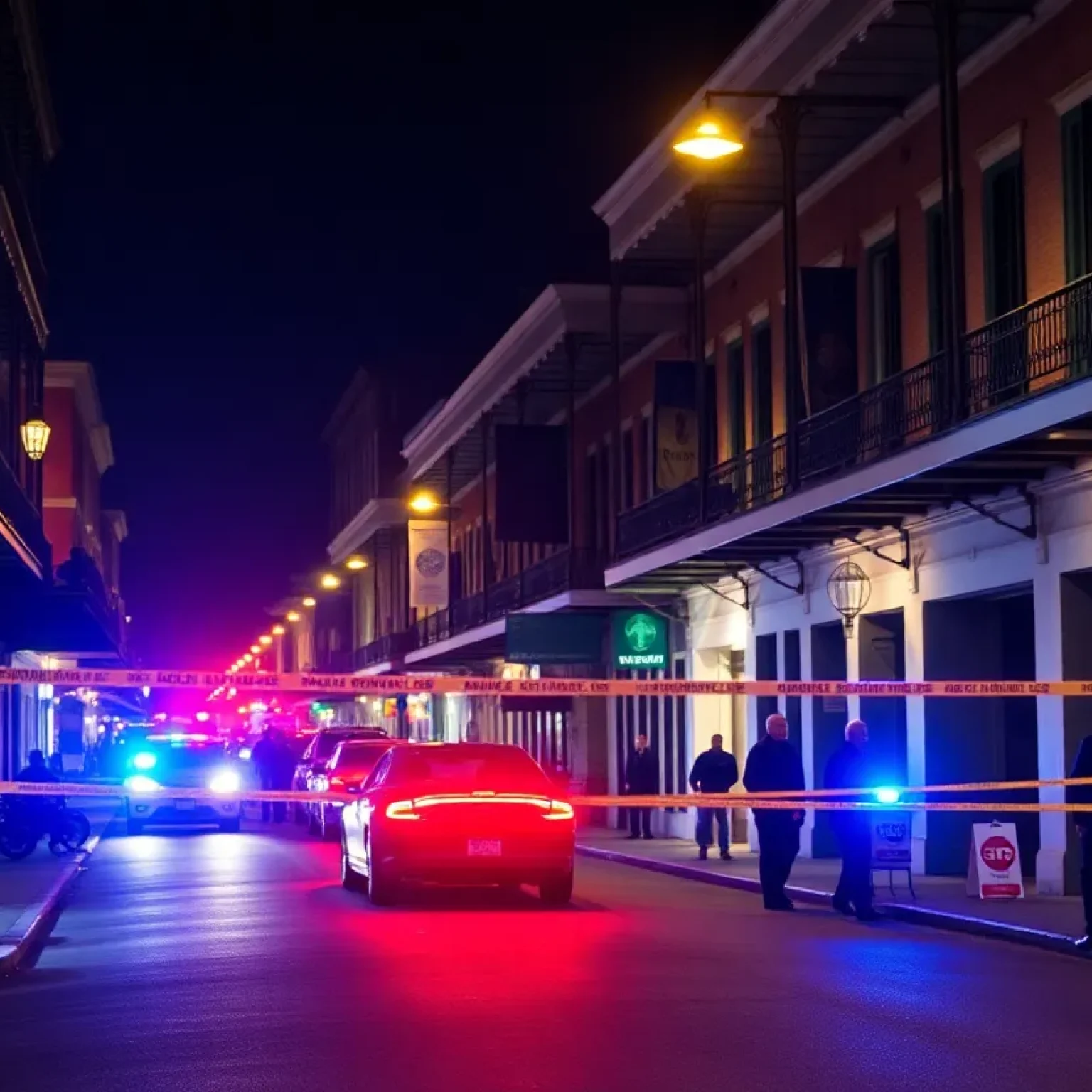 Night scene in the French Quarter of New Orleans with police presence