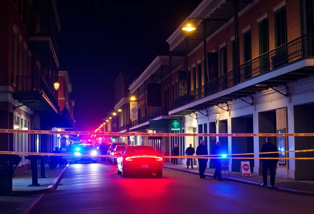 Night scene in the French Quarter of New Orleans with police presence