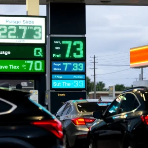 Gasoline price sign at a New Orleans gas station showing $2.72 per gallon.