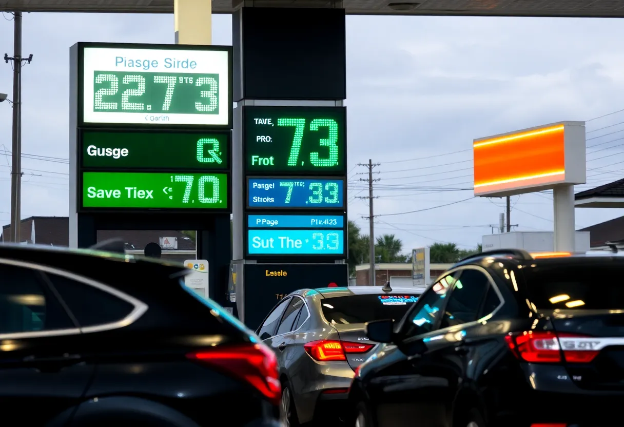 Gasoline price sign at a New Orleans gas station showing $2.72 per gallon.