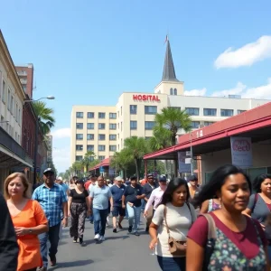 A view of a hospital in New Orleans with people discussing healthcare.