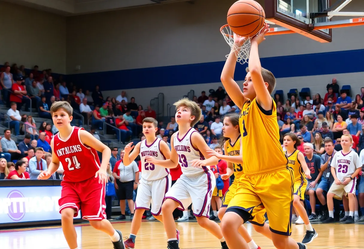 Players competing in a high school basketball championship in New Orleans