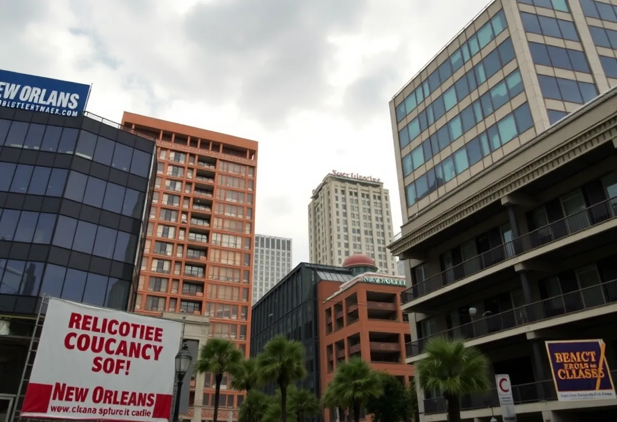 View of the New Orleans skyline with vacant office buildings