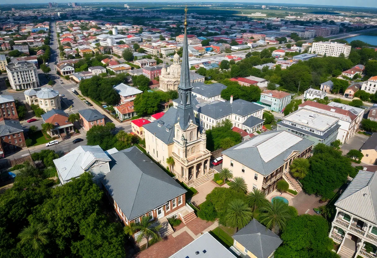Aerial view of New Orleans showcasing residential areas and landmarks.