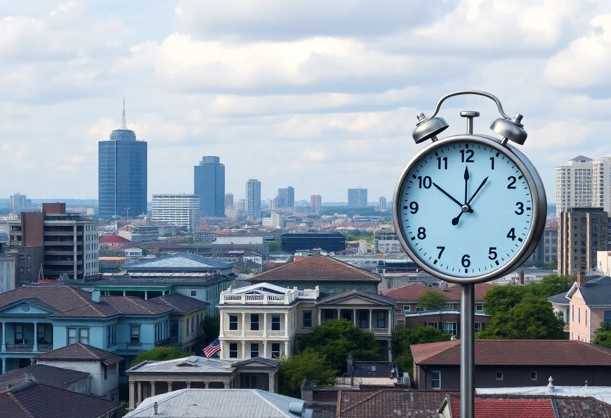 New Orleans skyline depicting residential buildings amidst a ticking clock symbolizing tax deadlines.