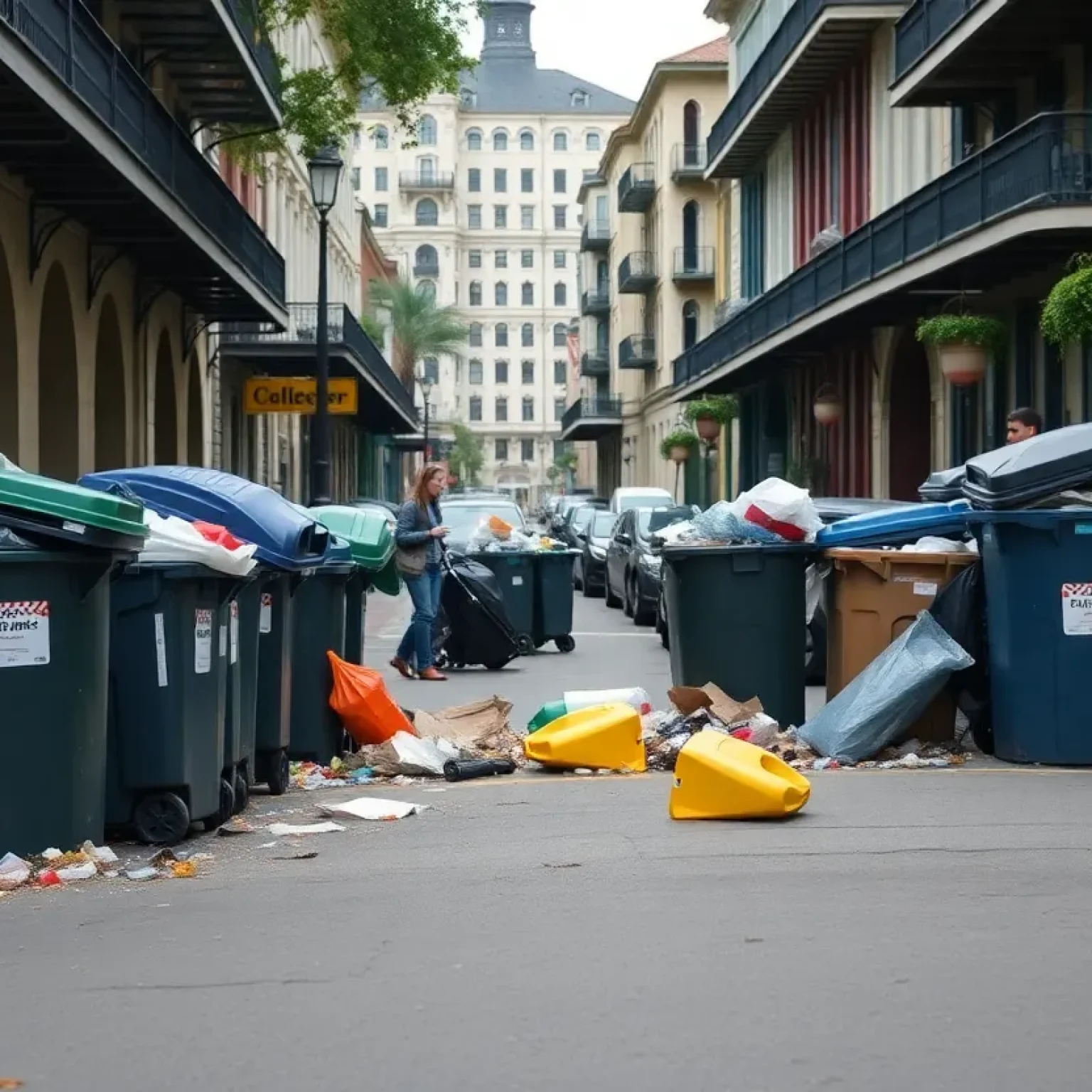 Overflowing trash bins on a New Orleans street