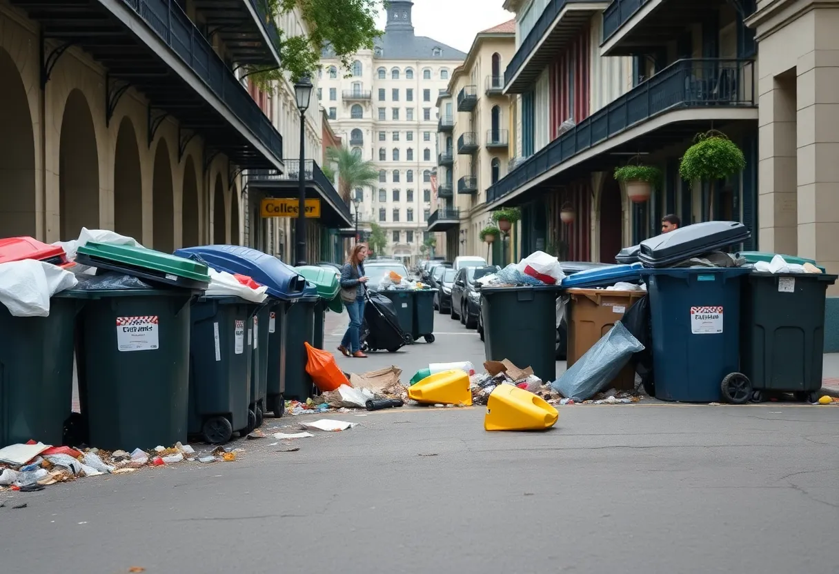 Overflowing trash bins on a New Orleans street