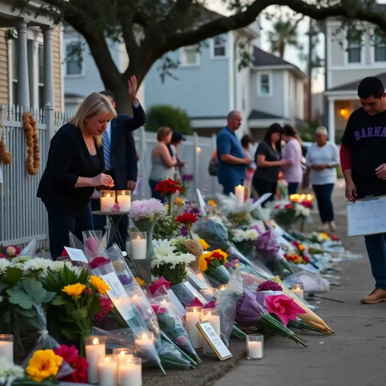Memorial candles and flowers in a New Orleans neighborhood after a tragic shooting incident.