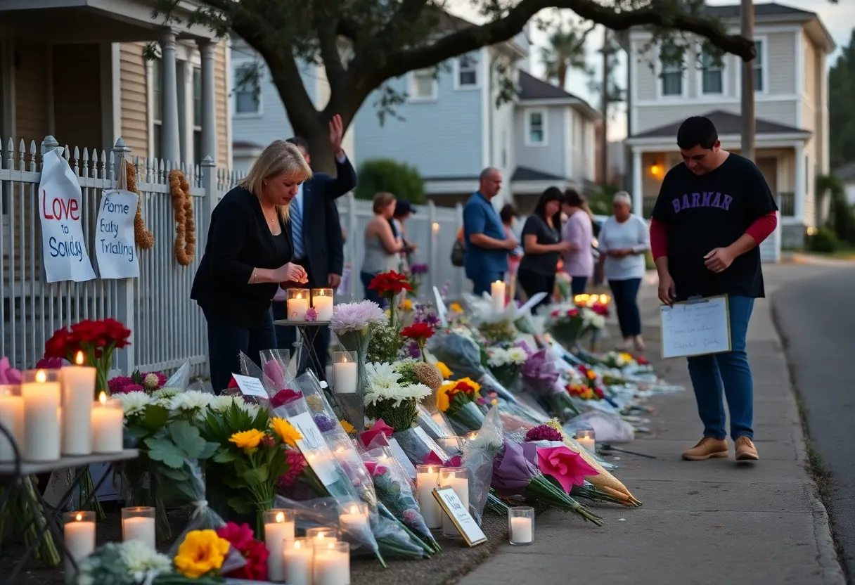 Memorial candles and flowers in a New Orleans neighborhood after a tragic shooting incident.