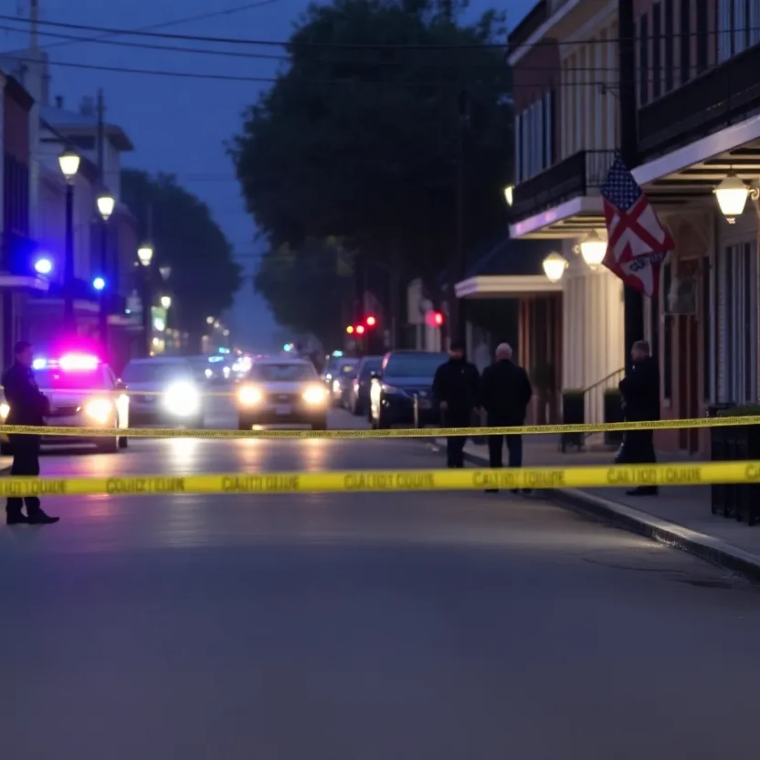 A New Orleans street scene post-shootings with police presence.
