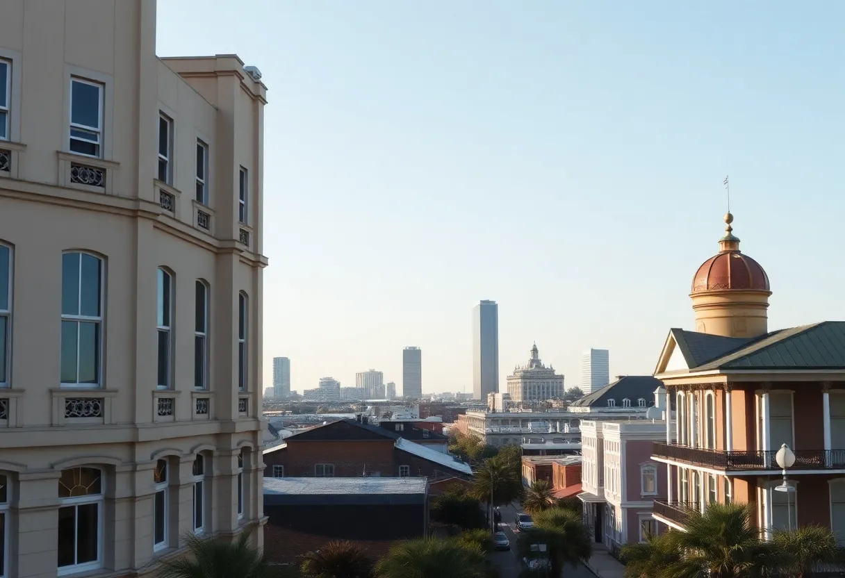 Skyline of New Orleans with financial buildings, representing economic challenges