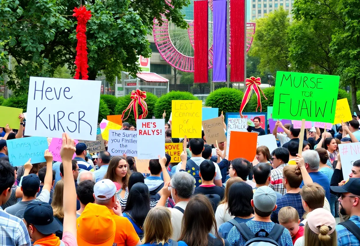 Crowd at No Kings 2.0 rally in New Orleans holding signs