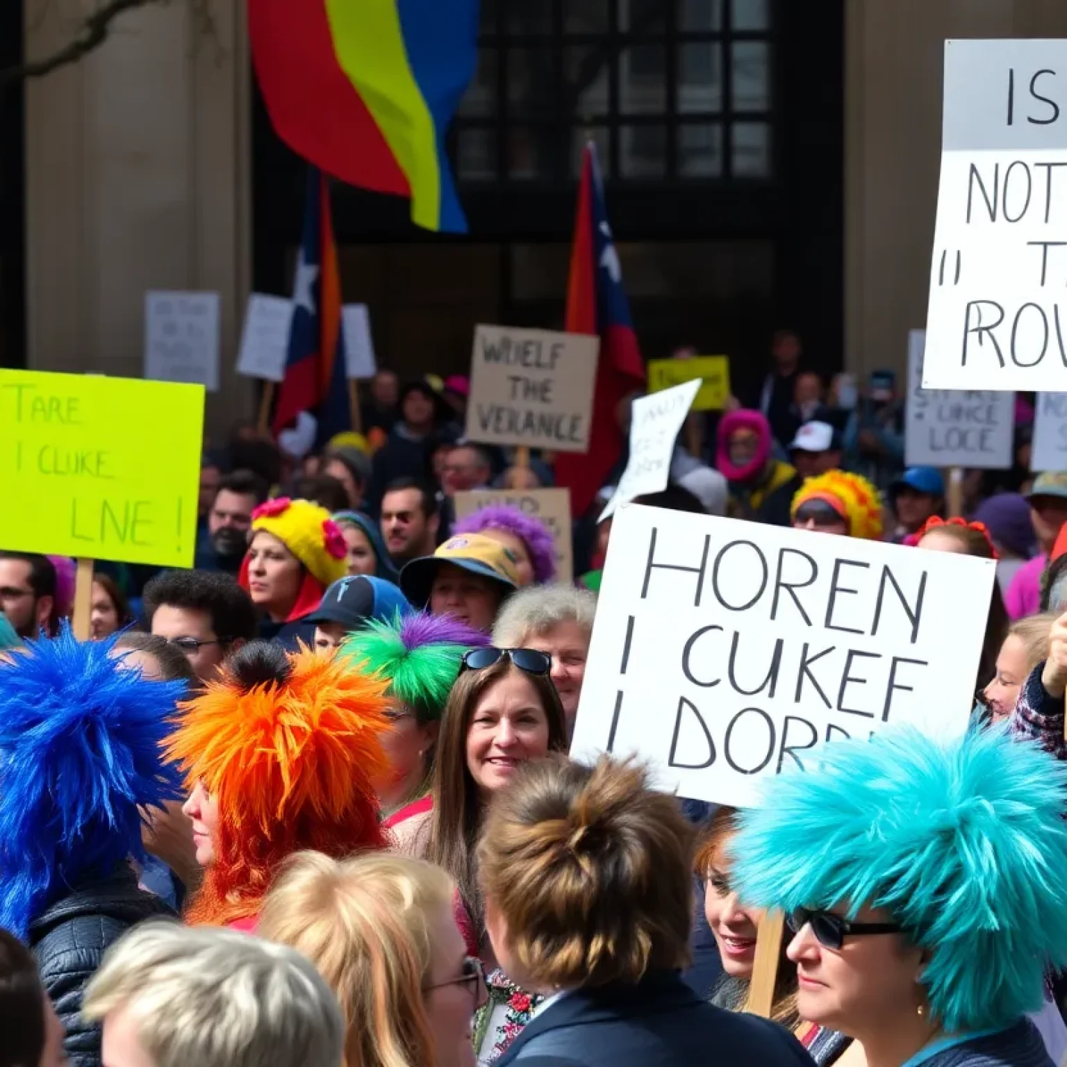 Crowd of protestors at the No Kings rally with colorful costumes and signs