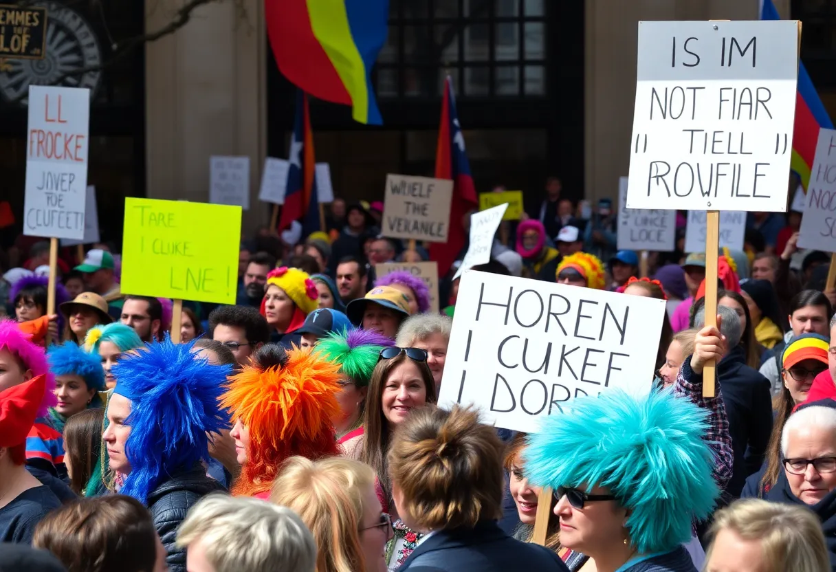 Crowd of protestors at the No Kings rally with colorful costumes and signs