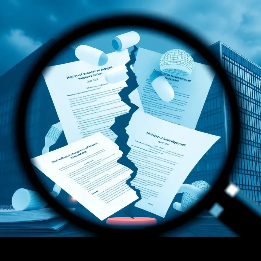 Abstract depiction of investigation into pharmaceutical acquisition.
