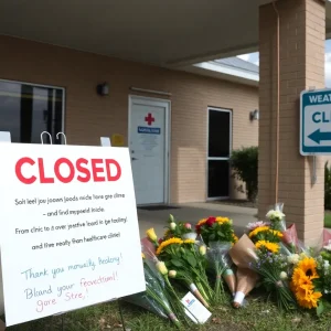 Closure notice on a Planned Parenthood clinic with flowers