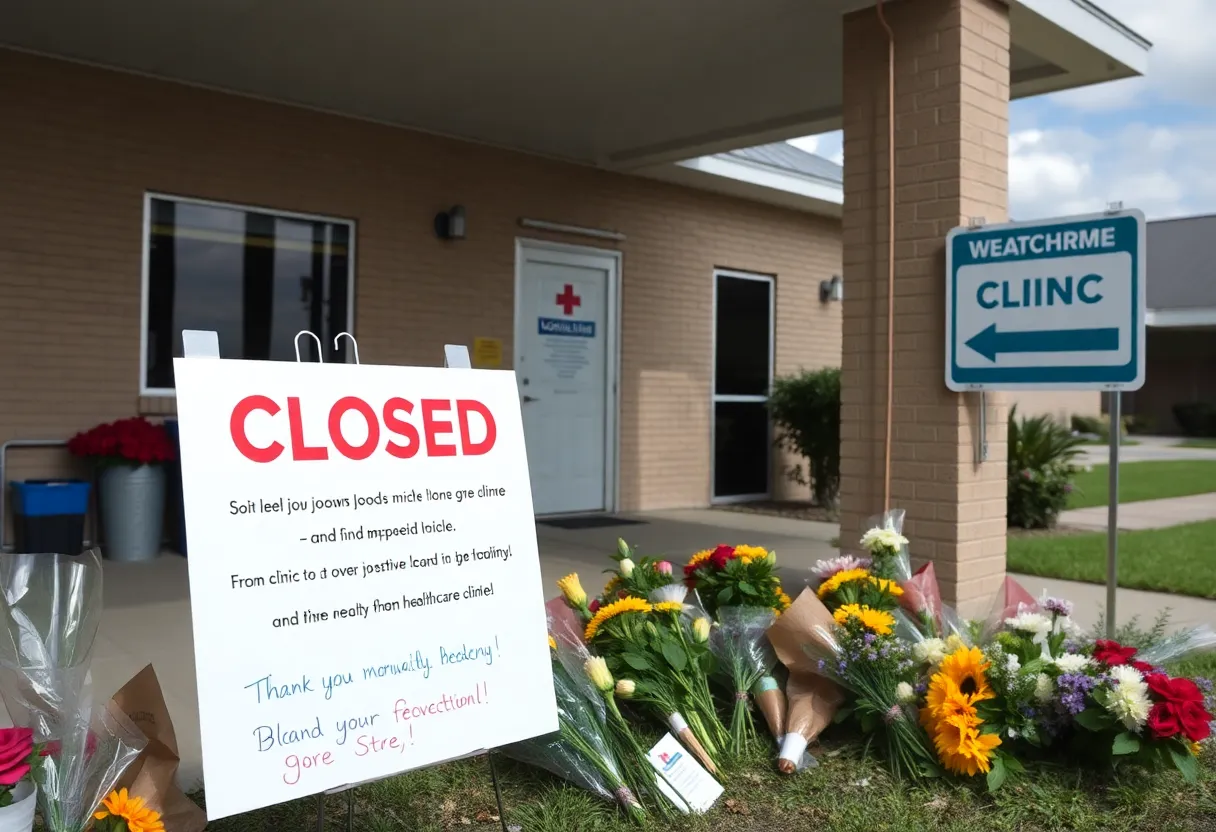 Closure notice on a Planned Parenthood clinic with flowers