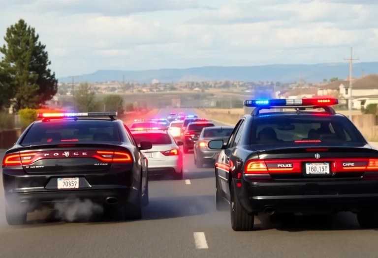 Police cars in a high-speed chase during a nighttime operation.
