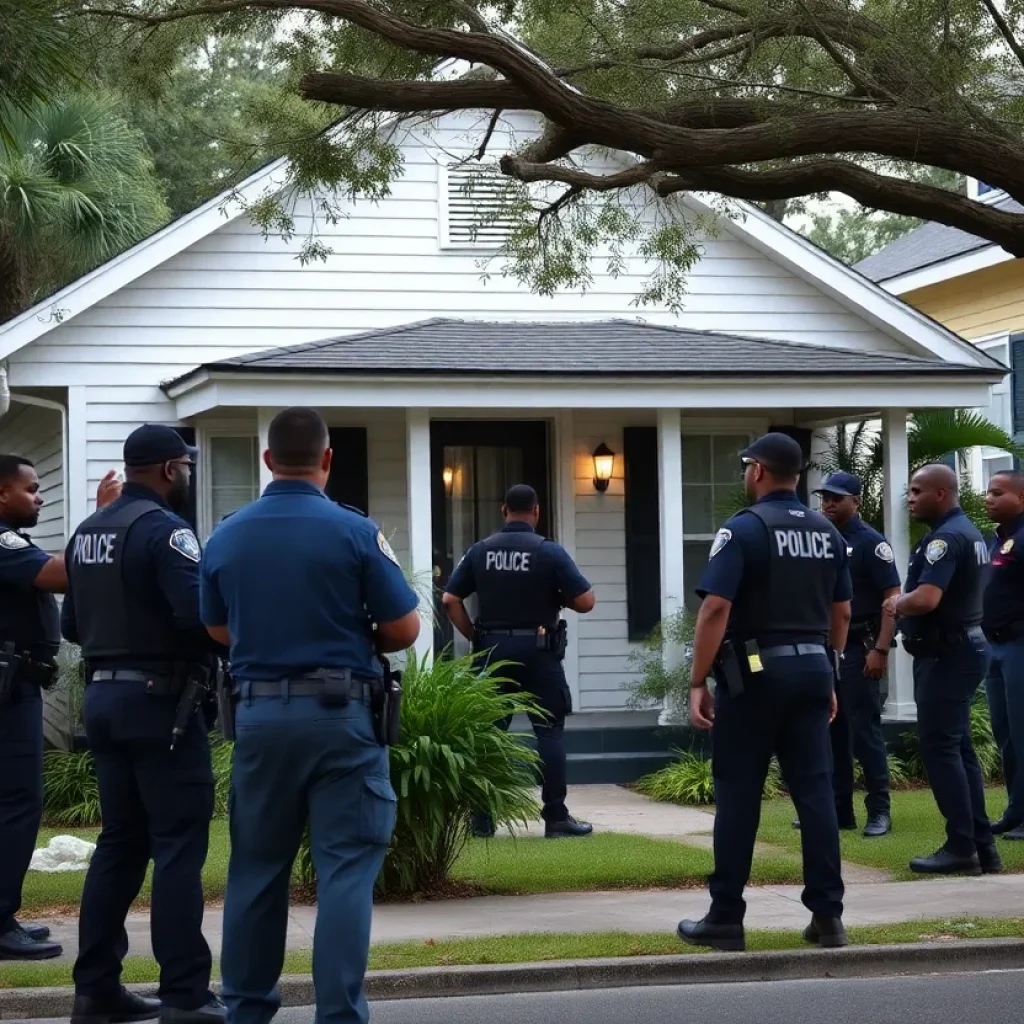 Police officers surround a house in New Orleans during the recapture of a fugitive.