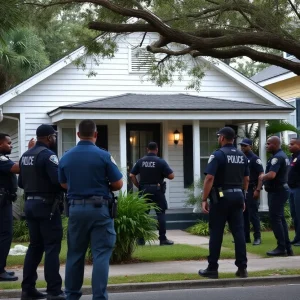 Police officers surround a house in New Orleans during the recapture of a fugitive.