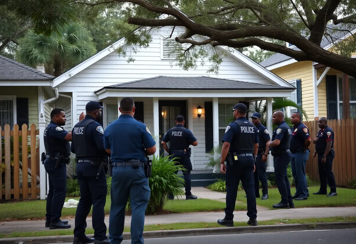 Police officers surround a house in New Orleans during the recapture of a fugitive.