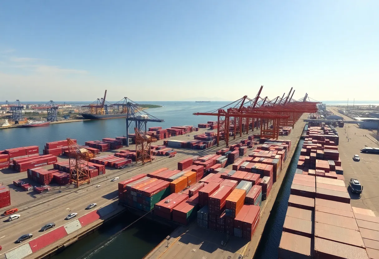 Aerial view of the Port of New Orleans with shipping activities.