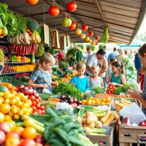 Families shopping for fresh produce at a market