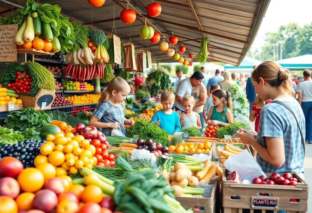 Families shopping for fresh produce at a market