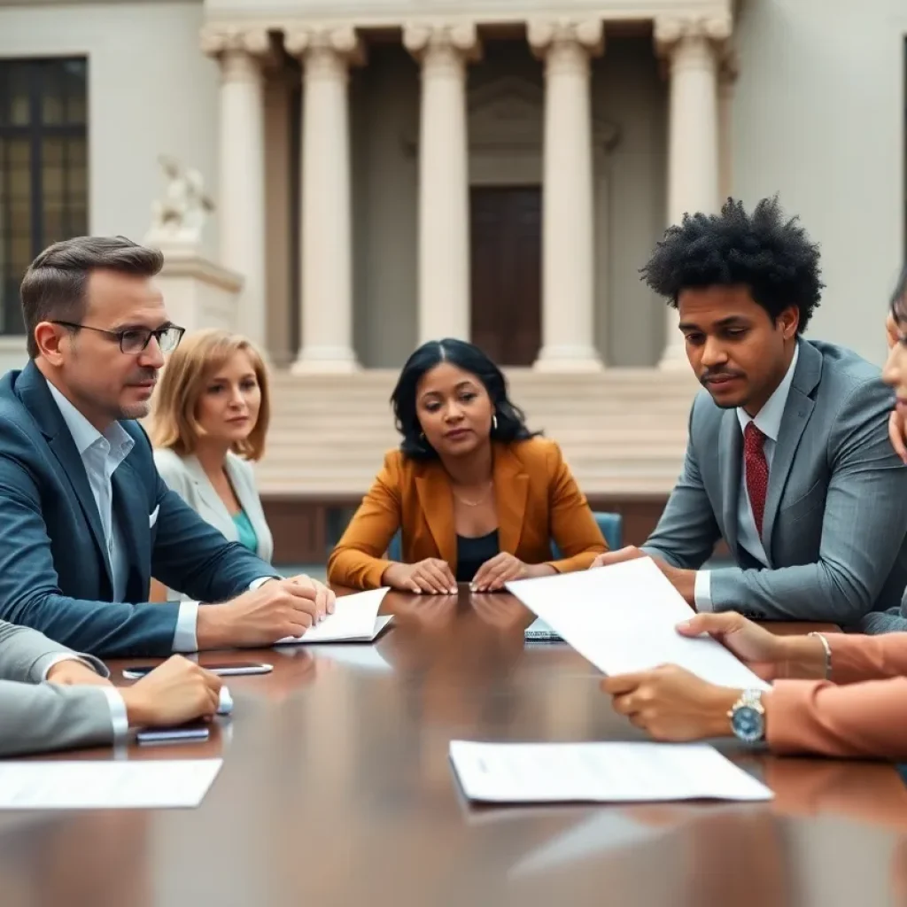 Diverse group of individuals discussing legal matters in a conference setting