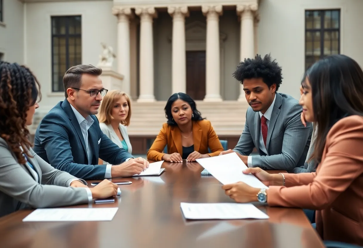 Diverse group of individuals discussing legal matters in a conference setting
